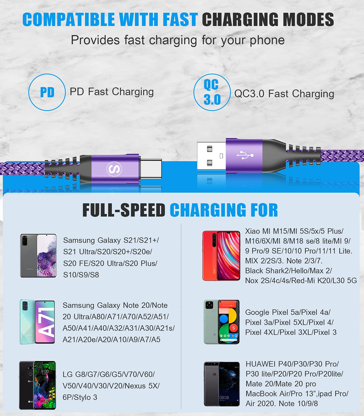 2-Pack 2M USB C Cable 3.1A Fast Car Charger Cable Compatible for iPhone 17 air 16 15 Plus Pro Max, Samsung Flip/Fold 7 6 5 4 3 S26 S25 S24 S10 S20 S21 S22 S23 A16/15/14/13/12 A35/A34 A56/55/54, Pixel