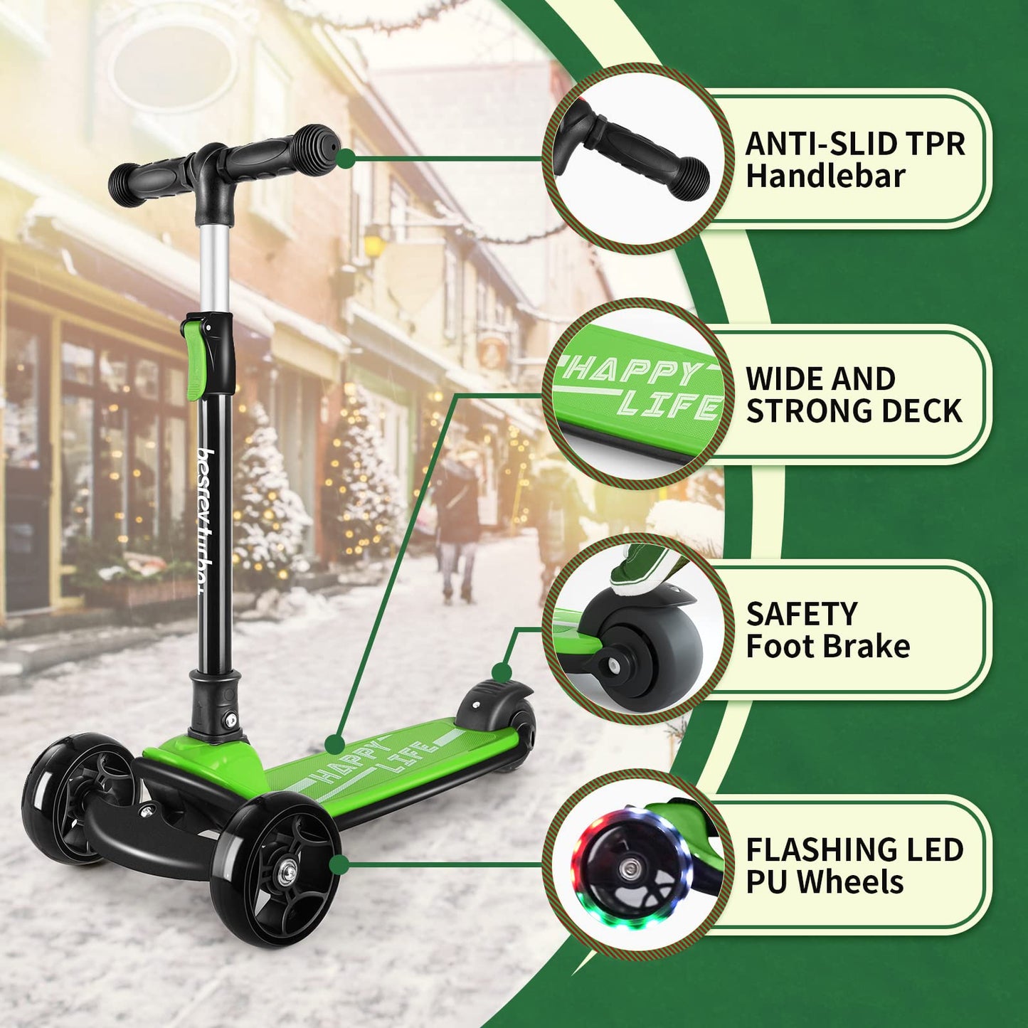 besrey 3-Wheel Toddler Scooter with Lean-to-Steer — Foldable, Anti-Slip Deck | Max 50 kg