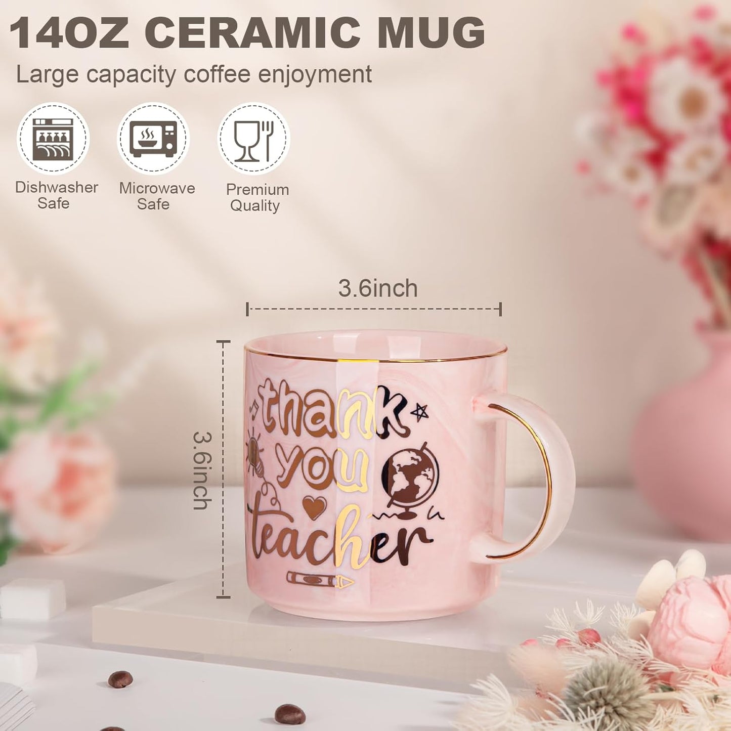 Biching Teacher Gifts - Teacher Appreciation Gifts for Women - Thank You Gift for End of Year, Back to School, Birthday, First-Day, 14oz Pink Marble Coffee Mug with Luxury Presentation Box
