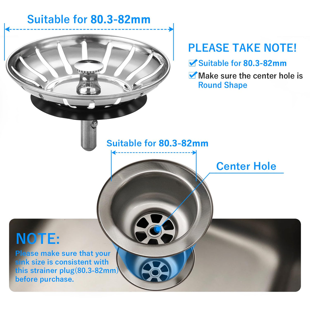 Upgraded Kitchen Sink Plug Strainer Stainless Steel Strainers Sink Plugs Replacement Drain Stopper for Food/Hair Catcher - UK Sinks Hole Diameter (78mm)
