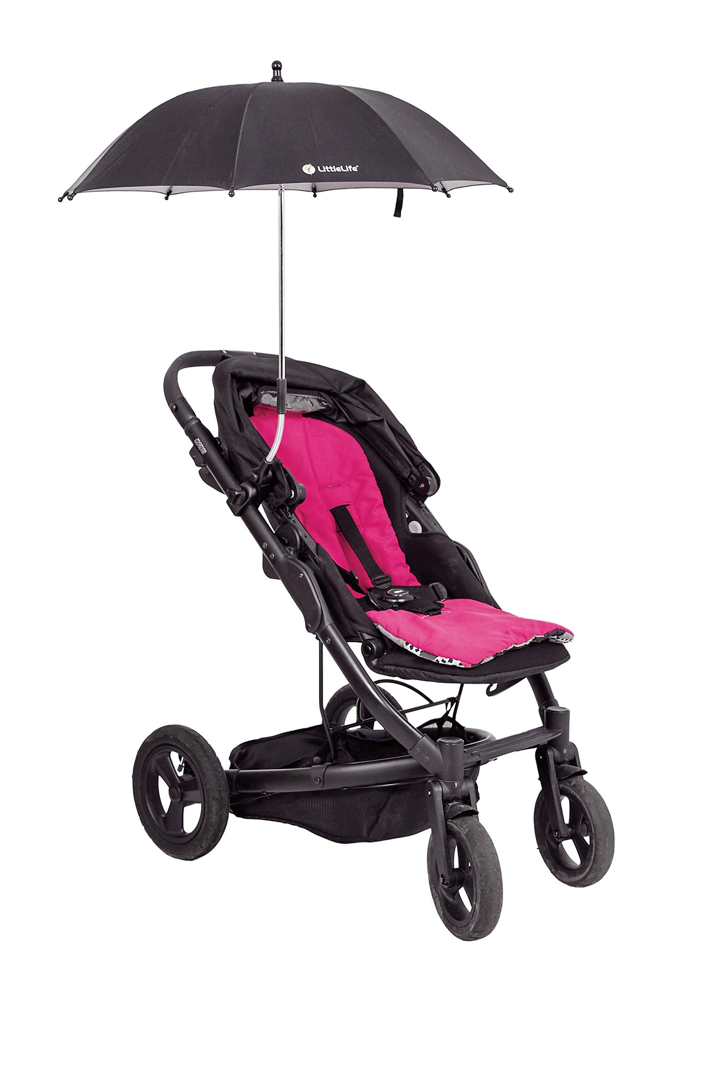 LittleLife Baby Sun Parasol UPF50+ | Universal Pushchair & Buggy Umbrella, Adjustable 360° Shade for Safe Summer Walks, Black