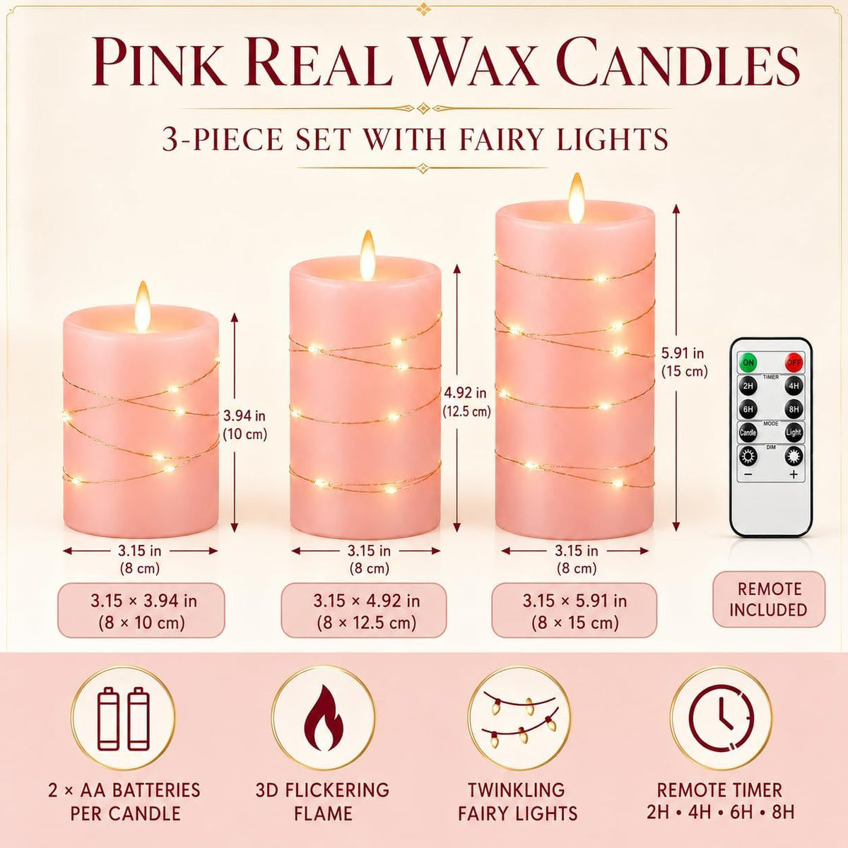 Da by 3 Pack Ivory Flameless LED Candles with Fairy Lights, Realistic Moving Flame Paraffin Wax Candles, Remote Control, Soft Warm Light, 8cm D x 12.5/14.5/16.5cm H, Indoor Wedding Home Decor