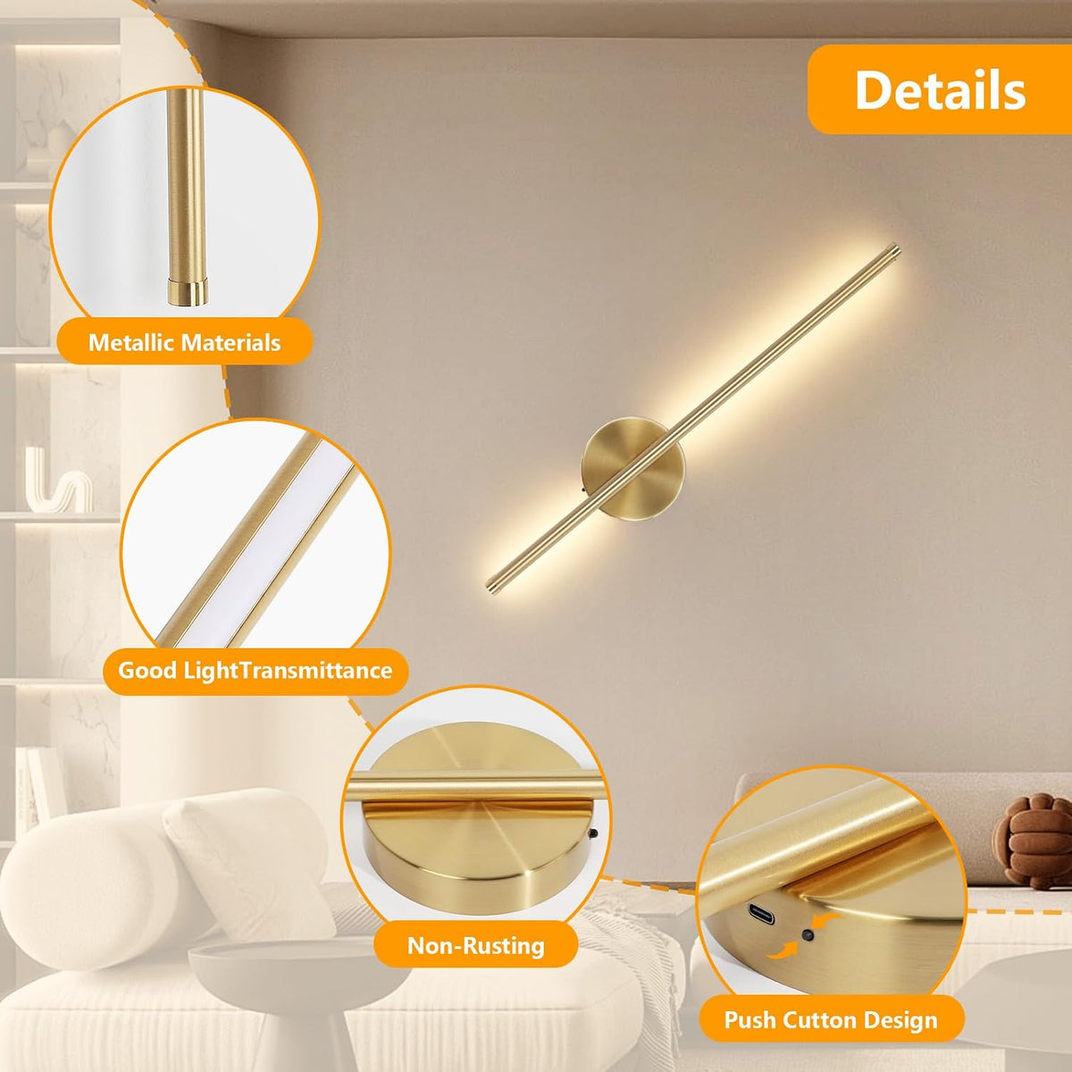 Dehobo 80CM Rechargeable Wall Lights with 8000mAh for Home Decor, 2 Packs