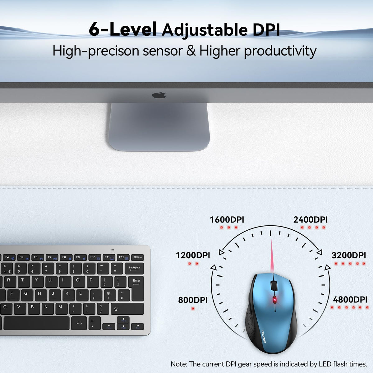 TECKNET Wireless Mouse for Laptop, 4800 DPI Optical Computer Mice with 6 Adjustable Levels, 30 Months Long Battery Life 2.4G Cordless USB Silent Mouse for Notebook, PC, Office Home Work -Grey