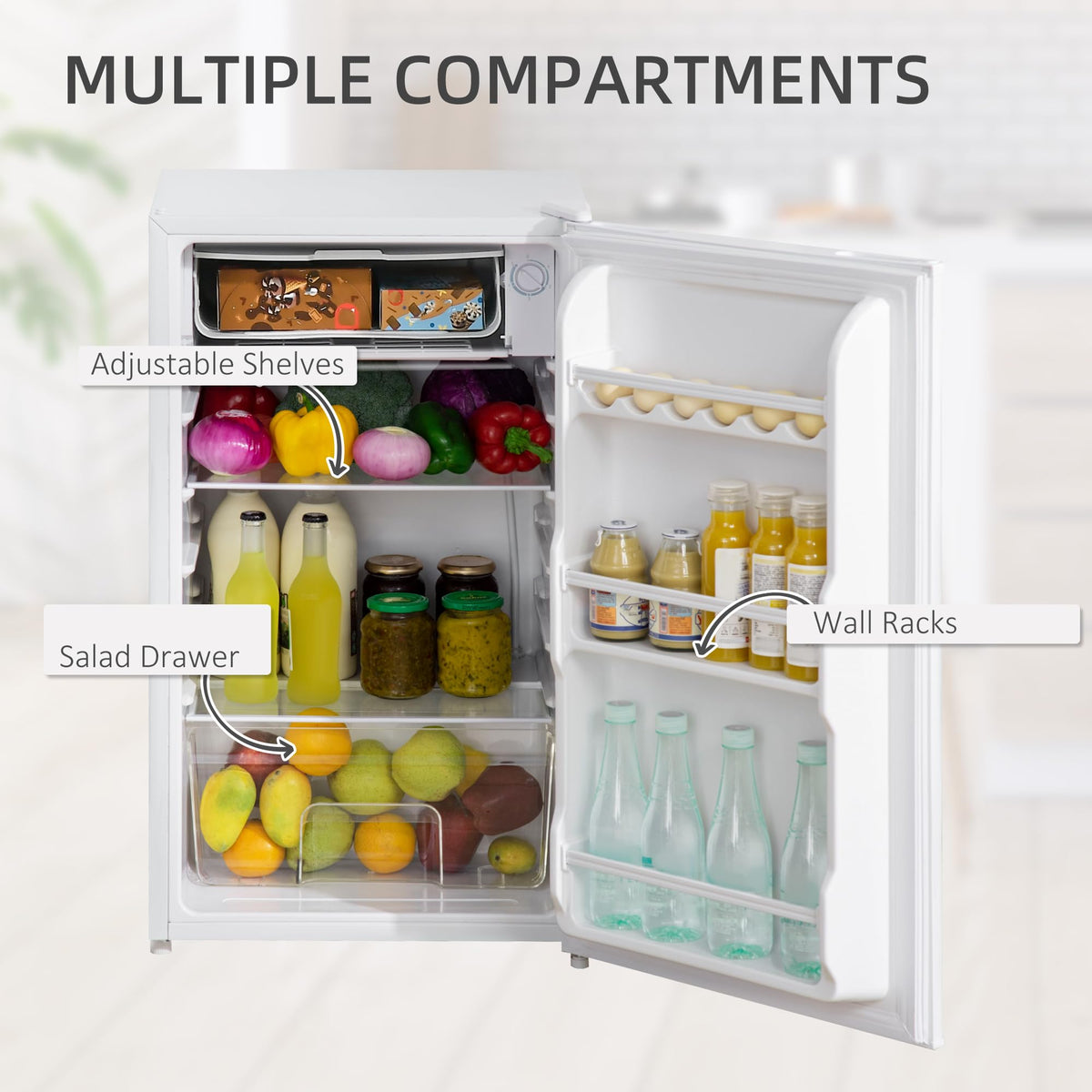 HOMCOM Under Counter Fridge 91L Small Fridge with Chiller Box Silver Tone