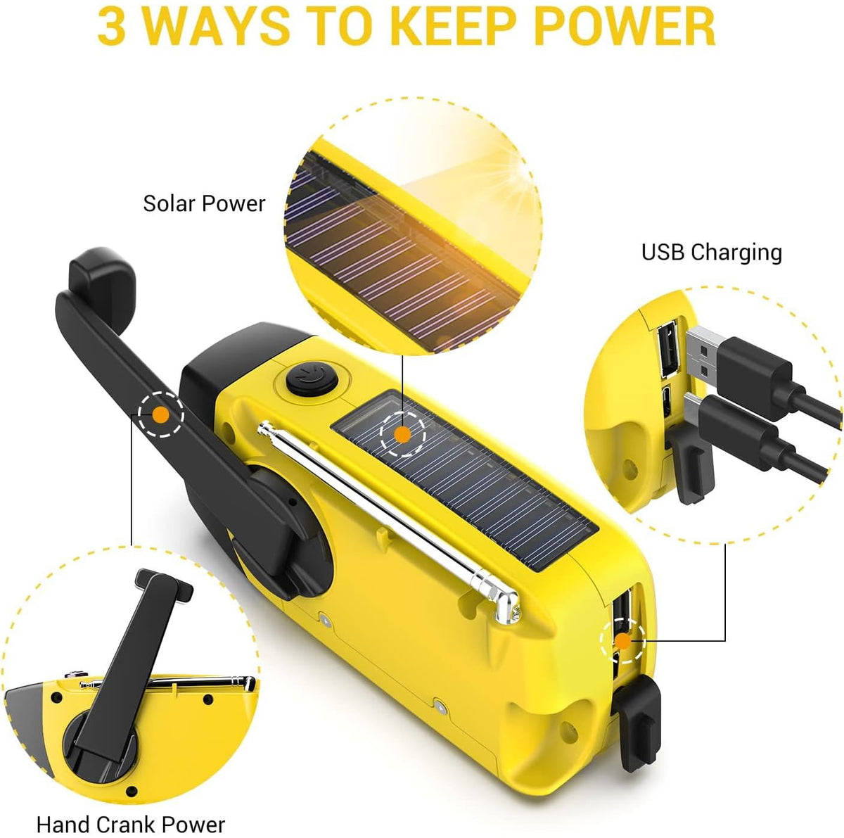 SOLARBABY Wind Up Solar Radio, Emergency Hand Crank Self Powered AM/FM Survival Solar Weather Radio with LED Flashlight,SOS Alarm,2000mAh Emergency Power Bank for Smart Phone (M-Orange)