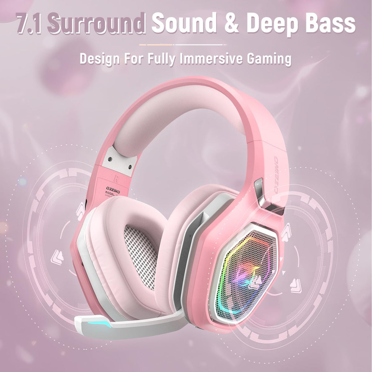 Ozeino Wireless Gaming Headset with Microphone, 2.4G & Type C Transmitter - 40h Battery Life - RGB Lighting Gaming Headphones for Ps5, Ps4, PC, Switch, Phone (Pink)