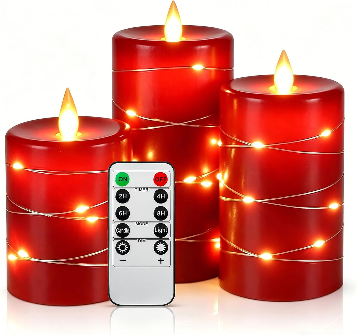 Da by 3 Pack Ivory Flameless LED Candles with Fairy Lights, Realistic Moving Flame Paraffin Wax Candles, Remote Control, Soft Warm Light, 8cm D x 12.5/14.5/16.5cm H, Indoor Wedding Home Decor