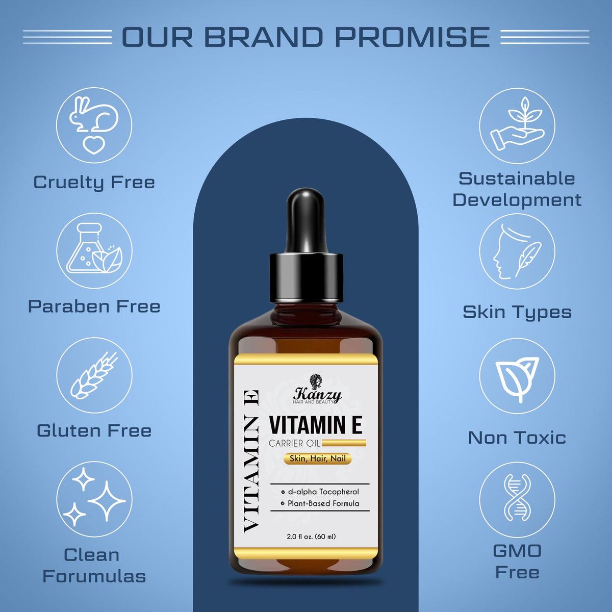 Kanzy Vitamin E Oil for Skin, Hair, Lips and Face - Naturally Sourced Multi-Purpose Plant-Based Vitamin E Oil for Hair Growth as Skincare and Haircare Product for both Men and Women (30 ml)