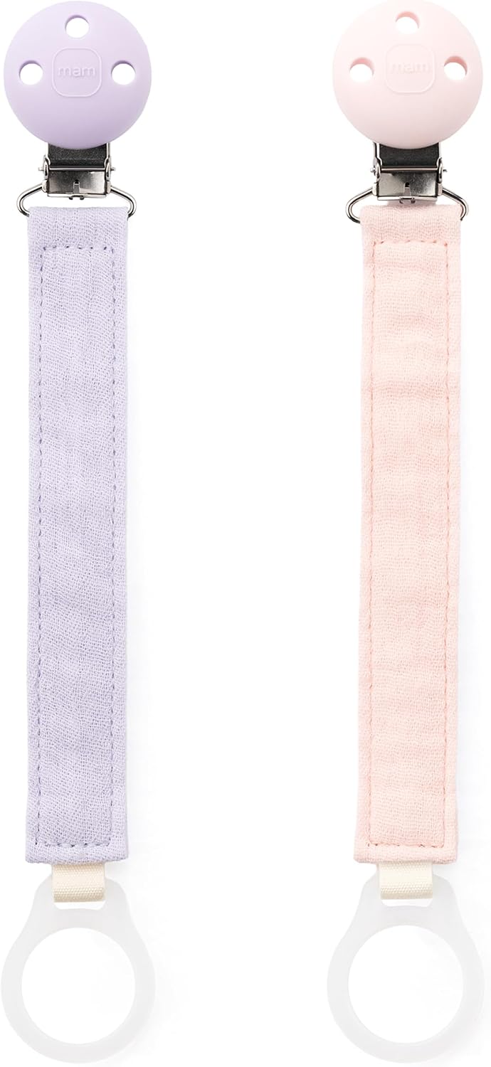 MAM Dummy Clip | 2 Pack | Baby Soother Clips Fit All MAM Soothers | Adjustable Length and Lightweight Design | Baby Accessories | Pink | Dummies Not Included
