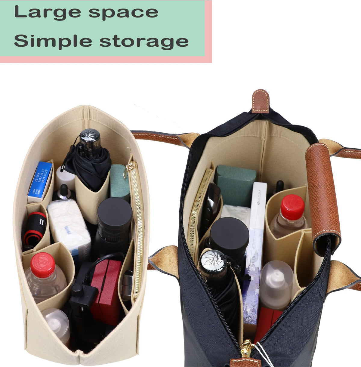 Lckaey tote bag organizer insert for Longchamp le pliage large tote insert felt purse zipper bag organizer 1028pink-S