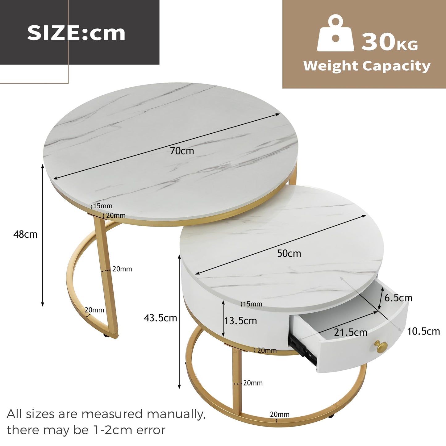 ModernLuxe 2-in-1 Coffee Table, Multi-functional Side Table with Marble Grain Veneer Top, Rattan Drawers, Solid Wood Handles, Gold Coloured Iron Legs, Round Nest of Tables for Living Room, Black