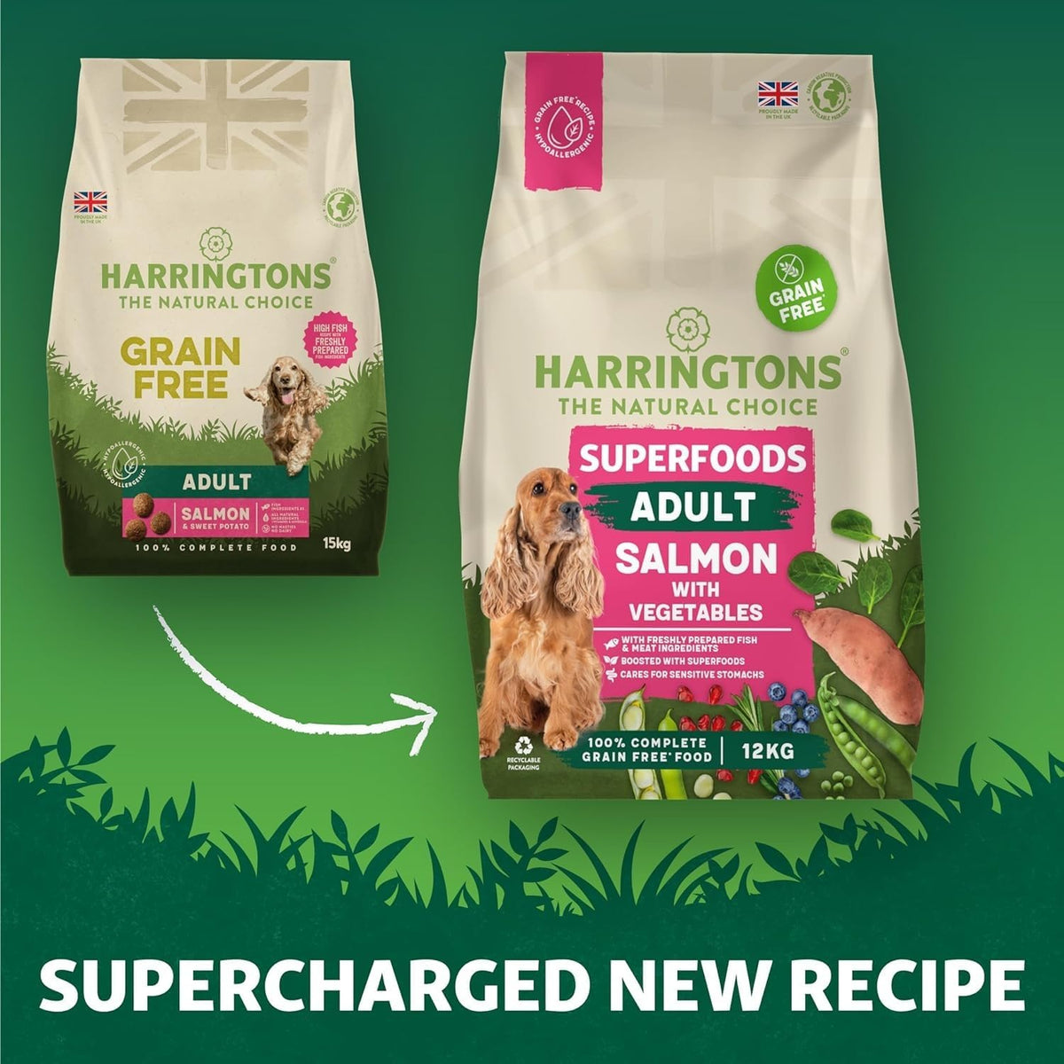 Harringtons Superfoods Complete Grain Free Dry Adult Dog Food Salmon with Veg 12kg - Made with All Natural Ingredients (Packaging may vary)