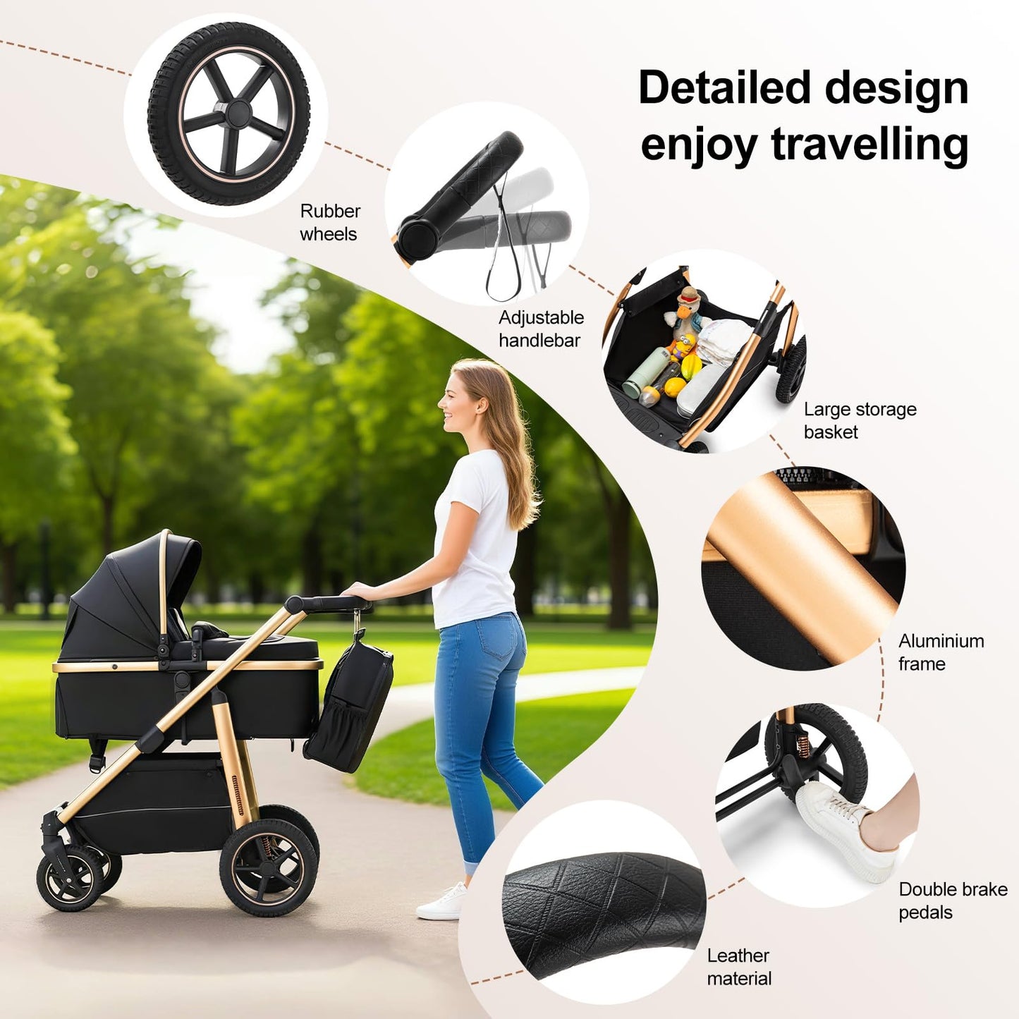 Zkipm Baby Pram 3 in 1, Foldable Baby Stroller,Pram Set Travel with Adjustable-Height Push Handle, Present Rain Cover, Mosquito Net, Bag, Cooling Mat, ect for Ages 0–3