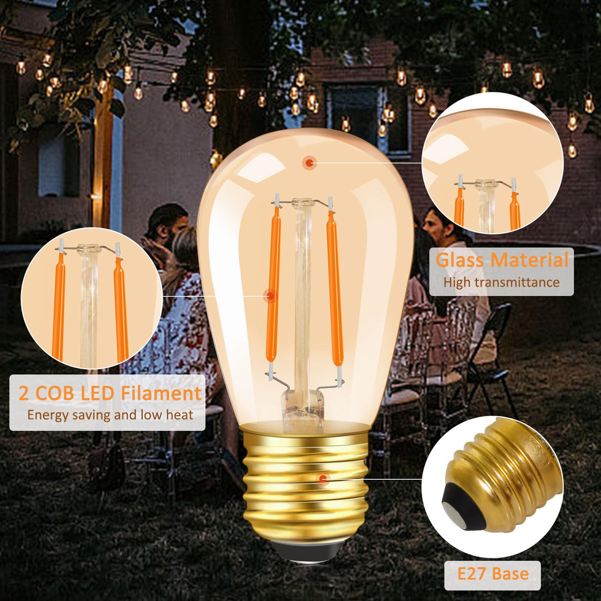 Caldarax 0.5W E14 LED Vintage Night Light Bulb, Mini C7 LED Filament Candle Bulbs Amber Warm White 2200K E14 Orange SES Small Edison Screw Salt Lamp Bulbs, 5W Equivalent, Non Dimmable, 2 Pack