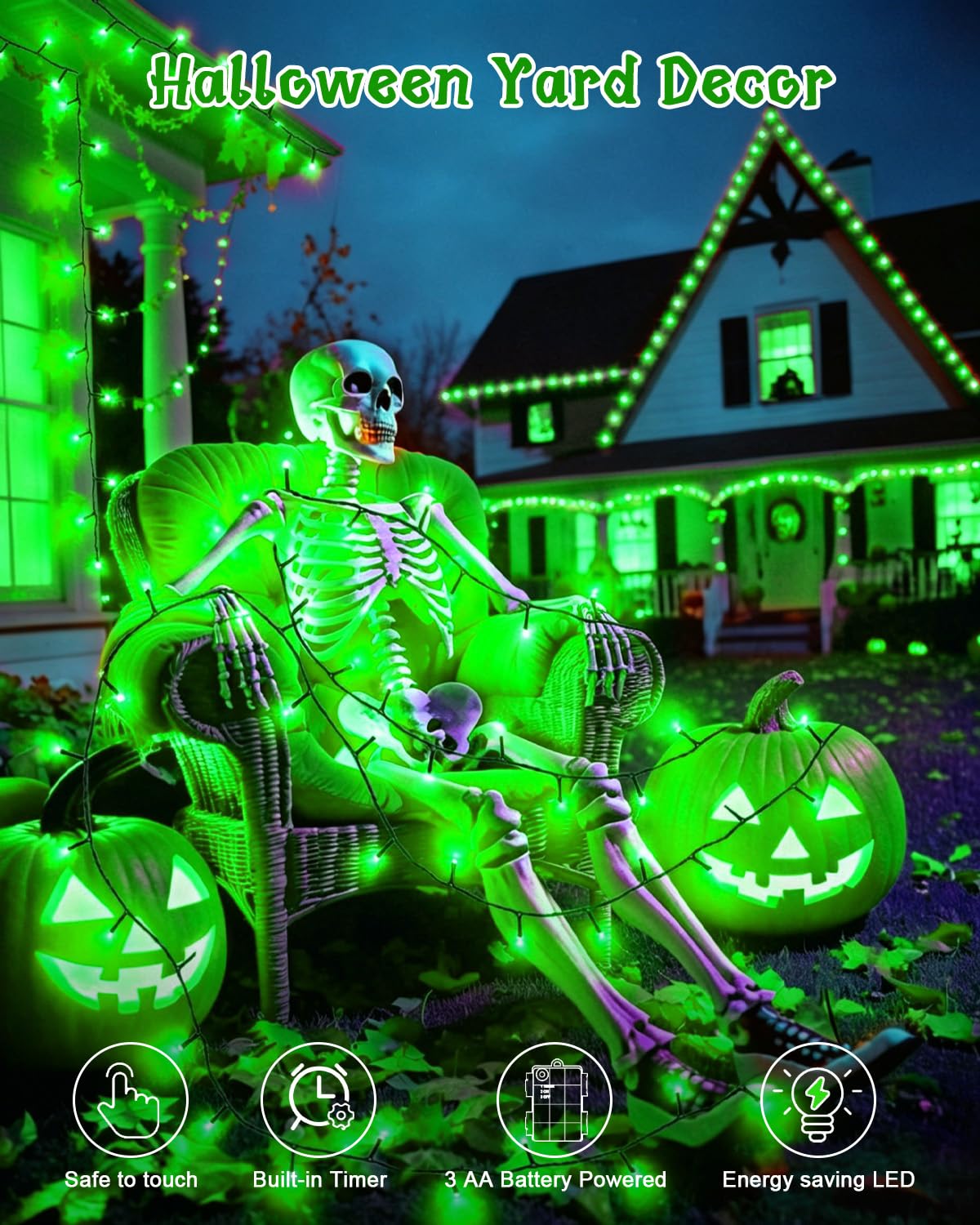 Dalugo Halloween Decoration Lights, 5M 50 LED Orange Purple White Fairy Lights with Timer, IP65 Waterproof Battery Powered Lights for Indoor Outdoor Autumn Halloween Decorations(Green Wire)