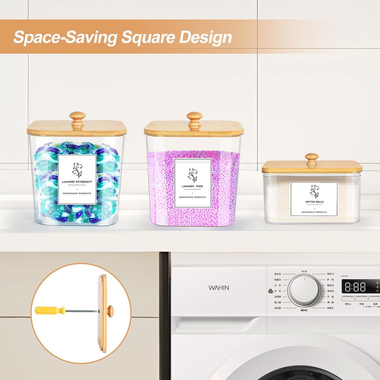 3-Pack Clear Laundry Pods Storage Container with Bamboo Lid, Labels & Scoop – Washing Pods Holder for Powder, Dishwasher Tablets, Scent Booster – Laundry, Bathroom, Kitchen Organization(Square)