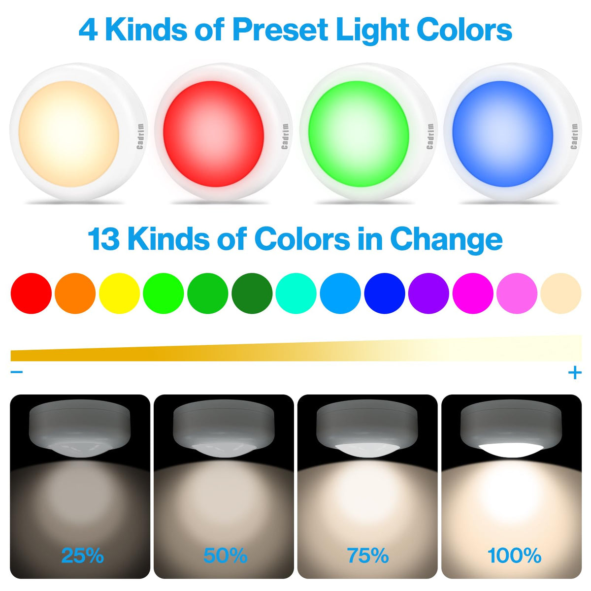 Under Cabinet Lights RGB Wireless Lights LED Closet Lights Night 3000K Dimmable 6pc Cadrim 13 Colors Changing Remote Control Brightness Adjustable Timer Battery Powered Light Kitchen Wardrobe Cupboard