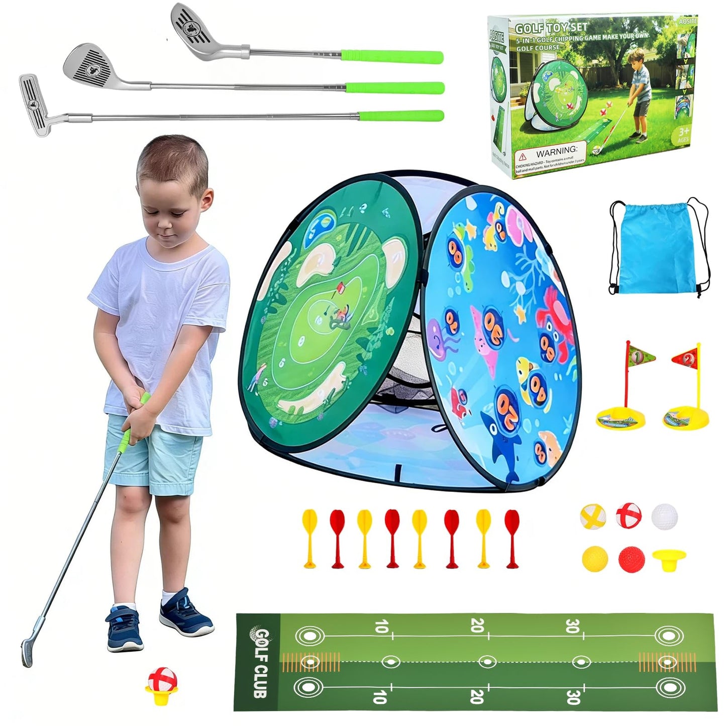 Kids Golf Set, AOSITE 5-in-1 Toddler Golf Set with 3 Golf Clubs, Putting Mat, 19 Balls, Dinosaur Sticky Darts & 8 Darts, 3-10 Kids Games Golf Toy, Mini Golf Indoor Outdoor Sports Activities Party Gift