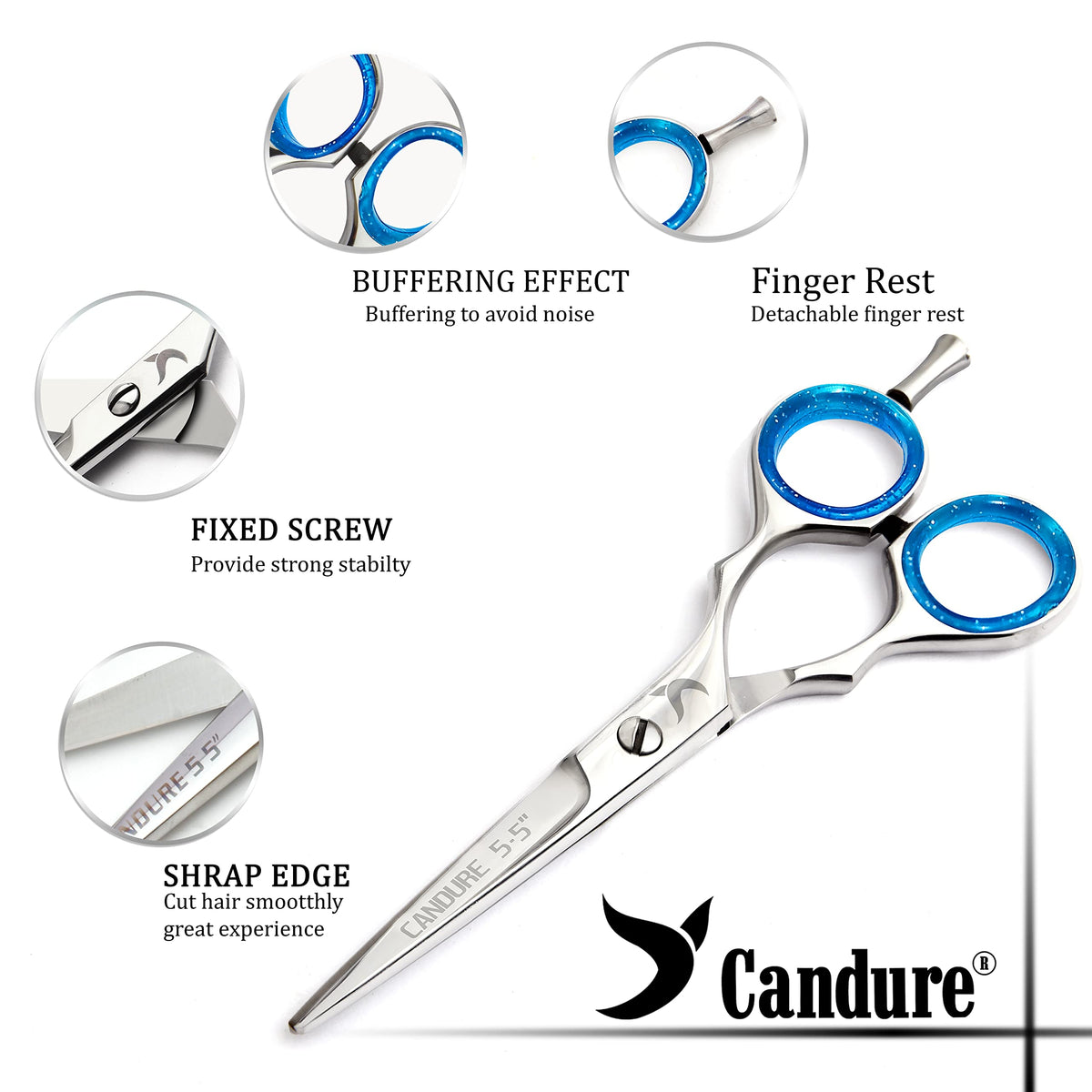 Candure Hairdressing Scissor with Comb & Leather Pouch 6.5" - Hair Scissor for Professional Hairdressers, Barbers Stainless Steel Hair Cutting Shears for Salon, Men, Women, Children and Adults Black