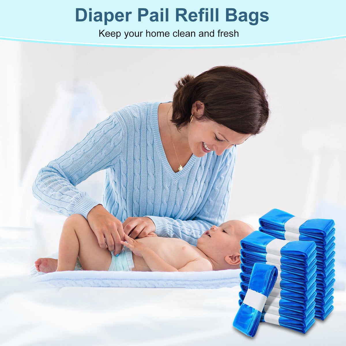 12er-Pack Nappy Bin Refills, vacvad 4.5m Diaper Bin Pail Disposal Bags, Nappy Bin Liners Replacement Strong Seal & Tear Resistance, Compatible with Most Nappy Disposal Systems (Blue)