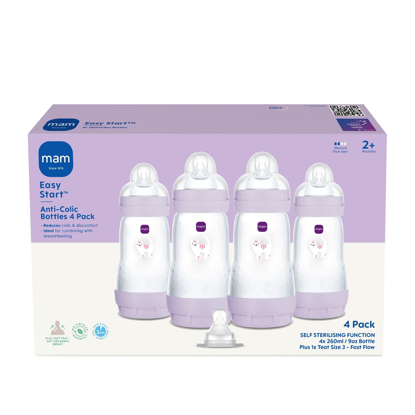 MAM Easy Start Anti-Colic Baby Bottles | 4 Pack (4X 260ml) | Self-Sterilising Baby Milk Bottle | Medium Flow MAM Teats Size 2 + 1x Fast Flow Teat Size 3 | Powder Blue (Various Designs)