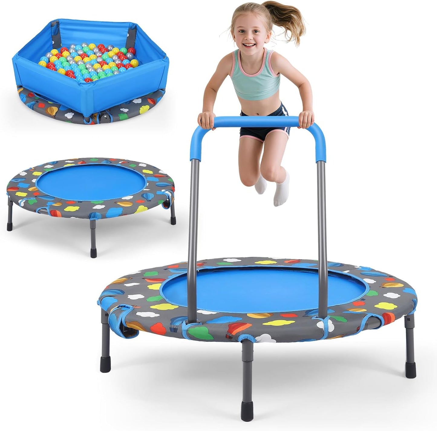 Foldable Fitness Trampoline with 100 Balls Ball Pit, Low Noise Adjustable Safety Cover and Removable Handlebar, Reinforced Oxford Fabric Quiet Exercise Rebounder for Kids Adults, Max Load 150kg