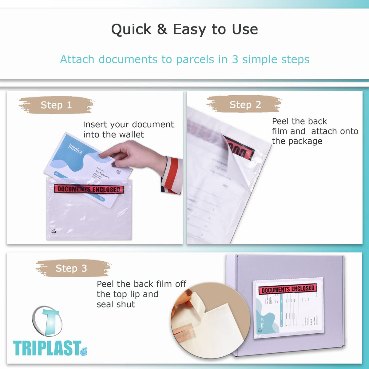 Triplast 200 x DL Printed Document Enclosed Wallet (230 x 110 mm) | Peel & Seal Clear Plastic Envelopes/Sleeves/Pockets/Wallets | Attach Invoices, Packing Lists & Delivery Notes to Parcels