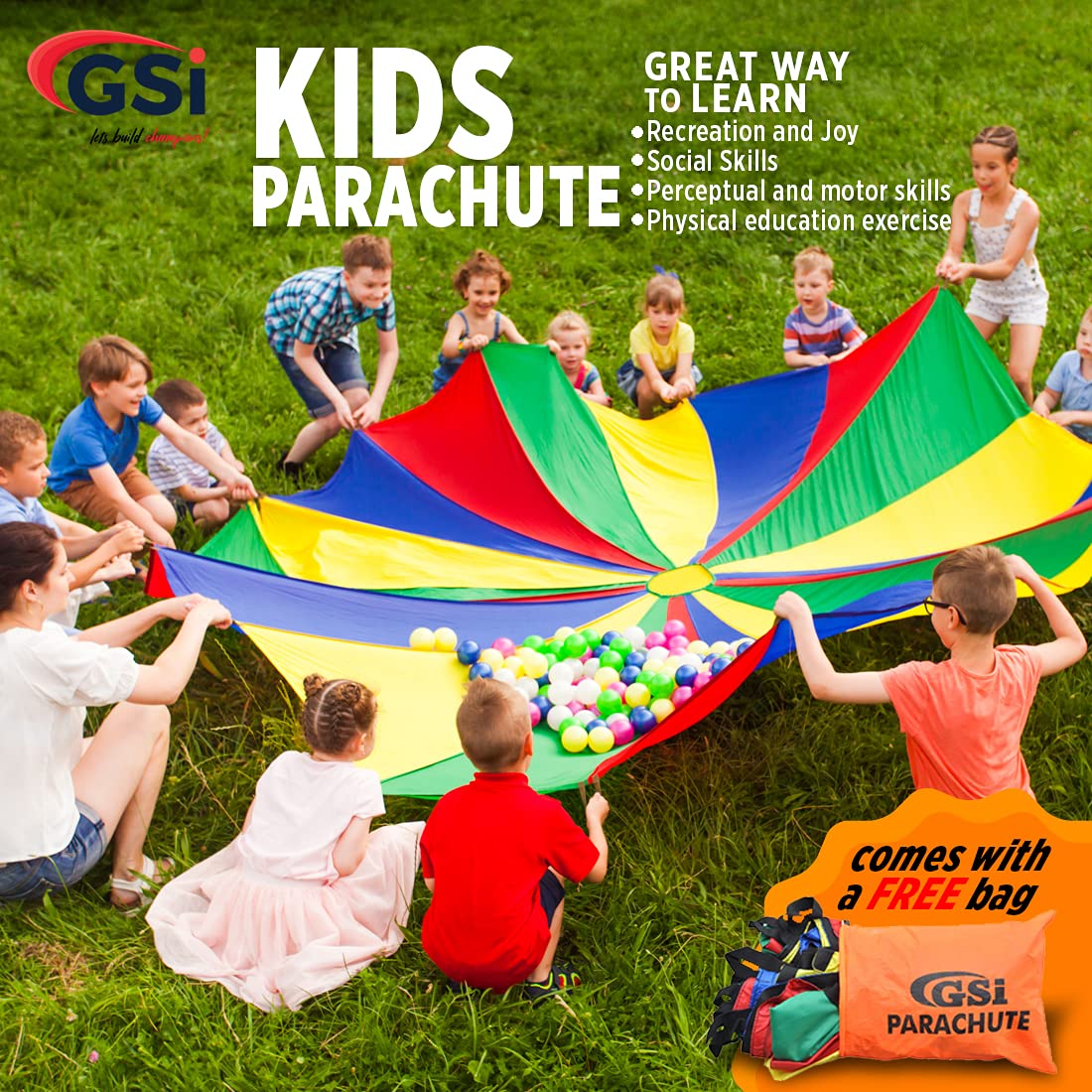 GSi Kids Play Parachute Rainbow Parachute Toy Tent Game for Kids Gymnastics Cooperative Play and Outdoor Playground Activities (6 Feet)