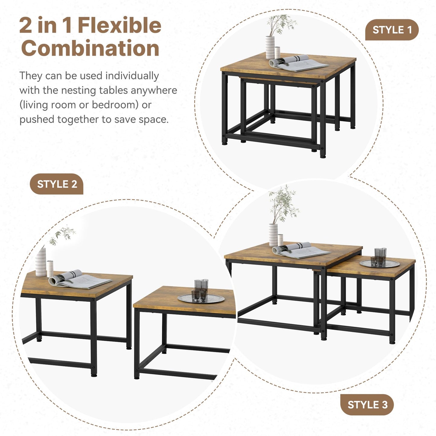 Hawthyhome Coffee Tables, Round Nesting Tables Tet of 2, Modern Side Tables with Metal Frame, Industrial Stacking End Tables for Living Room Bedroom Office, 60 * 60 * 45cm, Brown