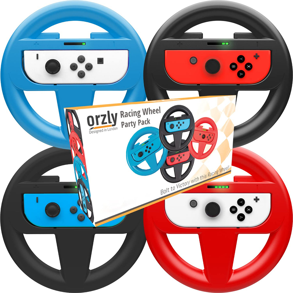 Orzly Racing Steering Wheels – Compatible with Switch 2 (2025 Console) – Party Pack of 4 Joy-Con Controller Attachments for Racing Games (2 Black, 1 Blue, 1 Red)