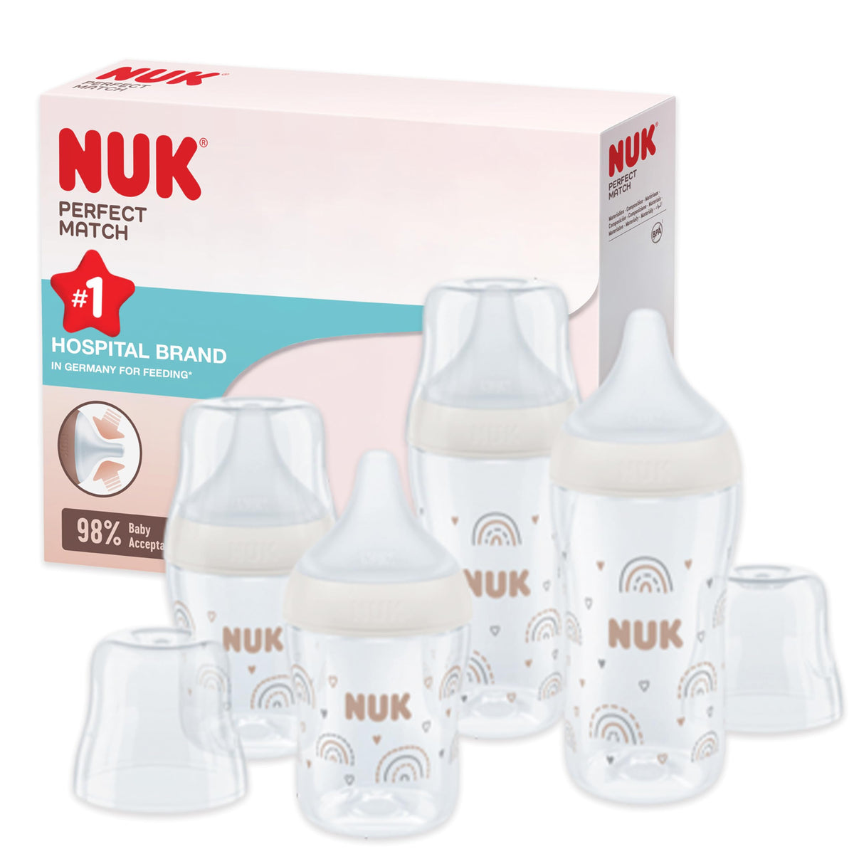 NUK Perfect Match Newborn Baby Bottle Set | 0+ Months | 150ml | Anti Colic Feeding Bottle | PP | Temperature Control Indicator | Rainbow | 4 Count