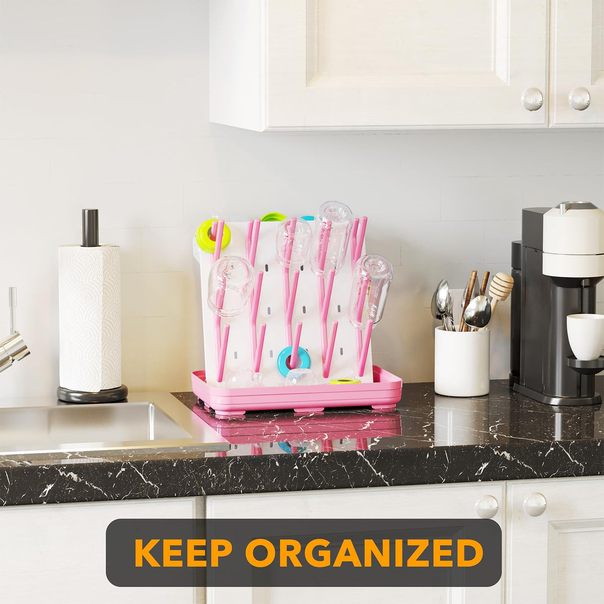 SpaceAid Baby Bottle Drying Rack with 20 Hooks, White and Gray