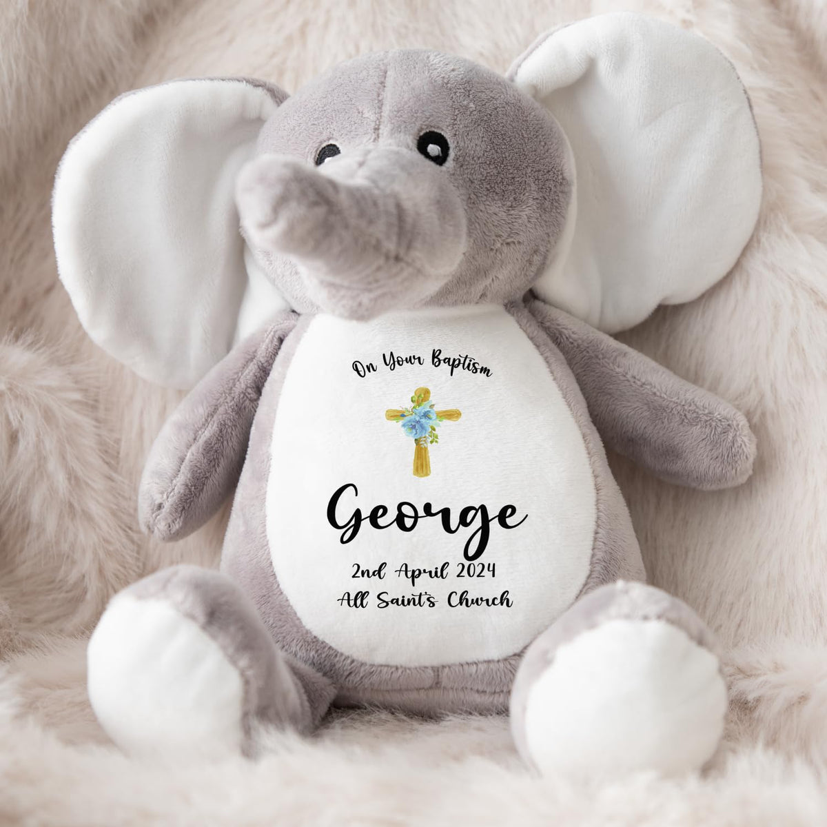 Crafted Memories - Personalised Bunny Rabbit | Custom Name & Date | Christening & Baptism Keepsake | Baby Girl & Boy | Soft Grey, White | Ideal 1st Birthday Present