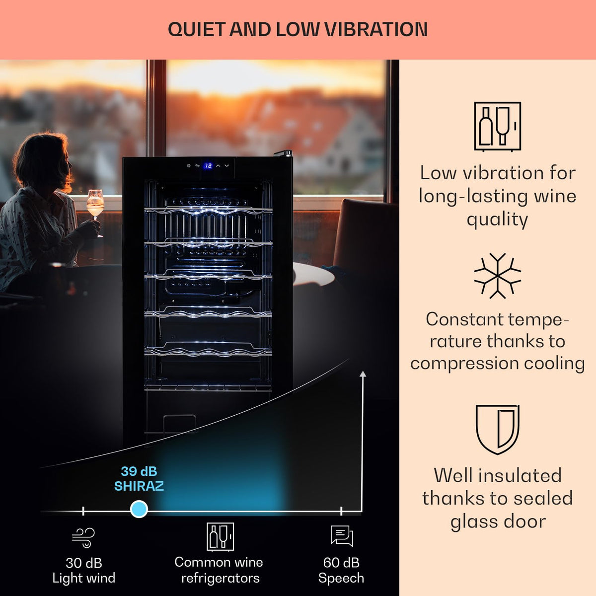 KLARSTEIN Shiraz Wine Cooler Black – 8 Bottles, 1 Zone | Freestanding Wine Fridge with Glass Door, Quiet, 5–18 °C, LED, Stainless Steel Frame