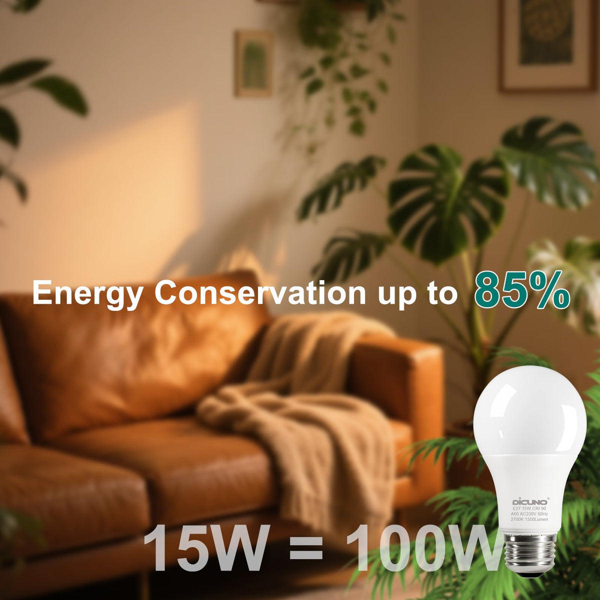 DiCUNO E27 Screw LED Bulb, 9W=60W, Daylight White 5000K, 806LM, 2Pcs