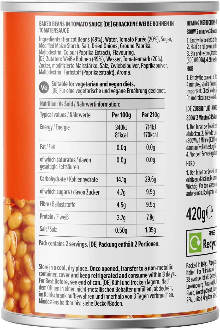 By Amazon Baked Beans in Tomato Sauce, Canned, Vegan, 420g
