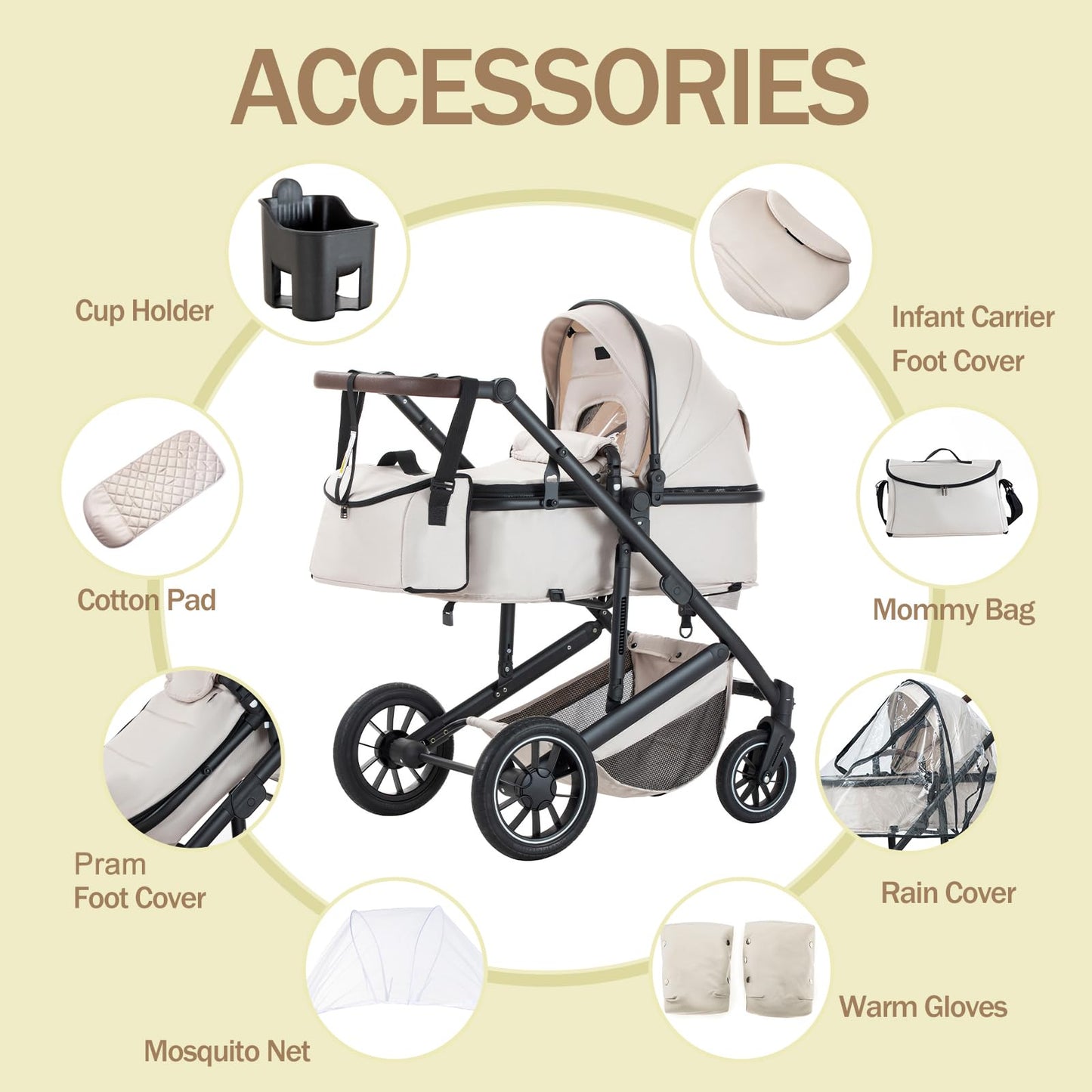 Baby Stroller 3 in 1,Travel Pushchair's Lie-Flat Pram is Foldable, Stroller System Handle is Adjustable, The Wheels are Made of PU Material, Suitable for 0-3 Years-Khaki