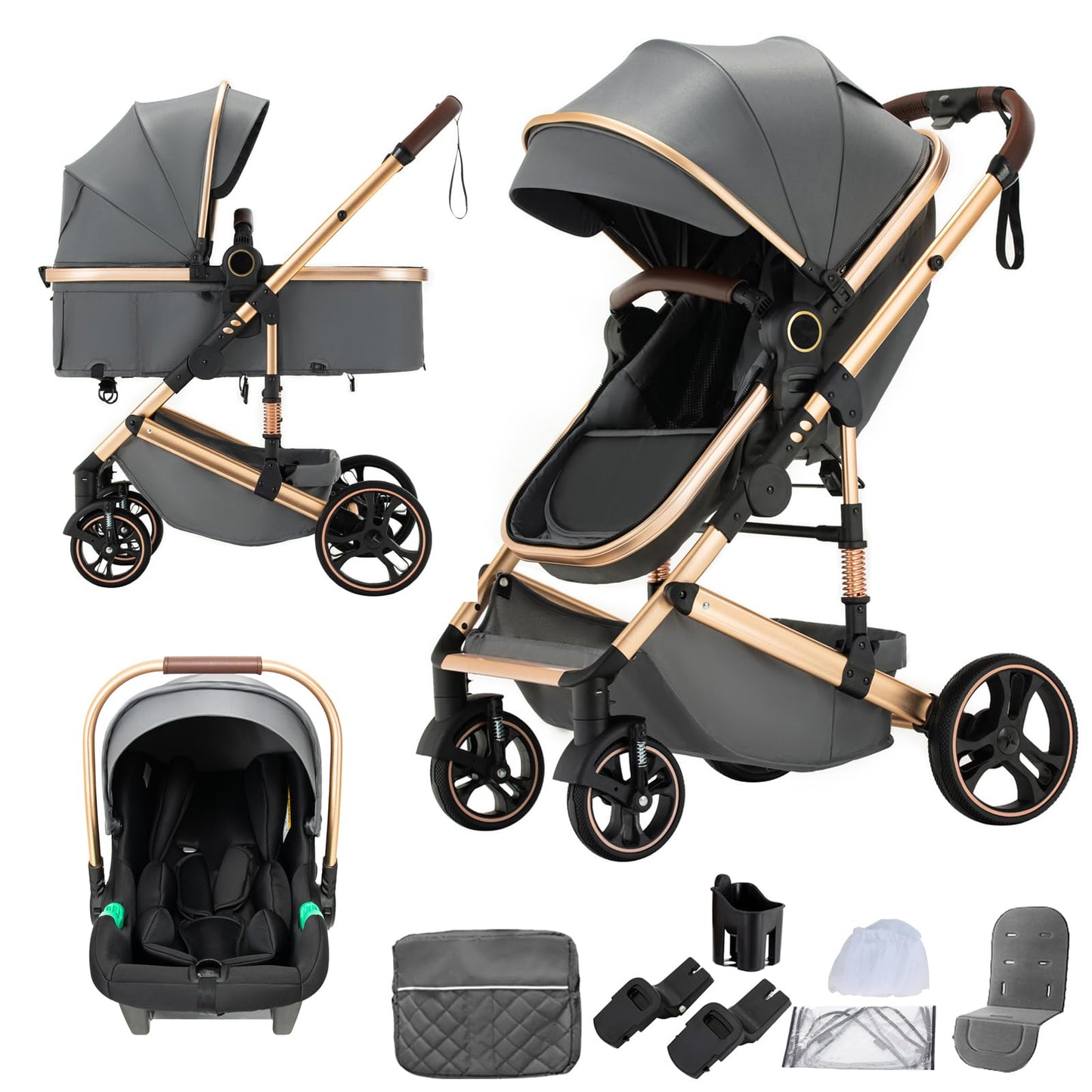 3 in 1 Baby Stroller with Height Adjustable Handle,3 in 1 Prams Travel System, Lightweight Foldable Pushchair, Prams with Aluminum Frame for Portable Baby Carriage (D2 Pink, H2-D)