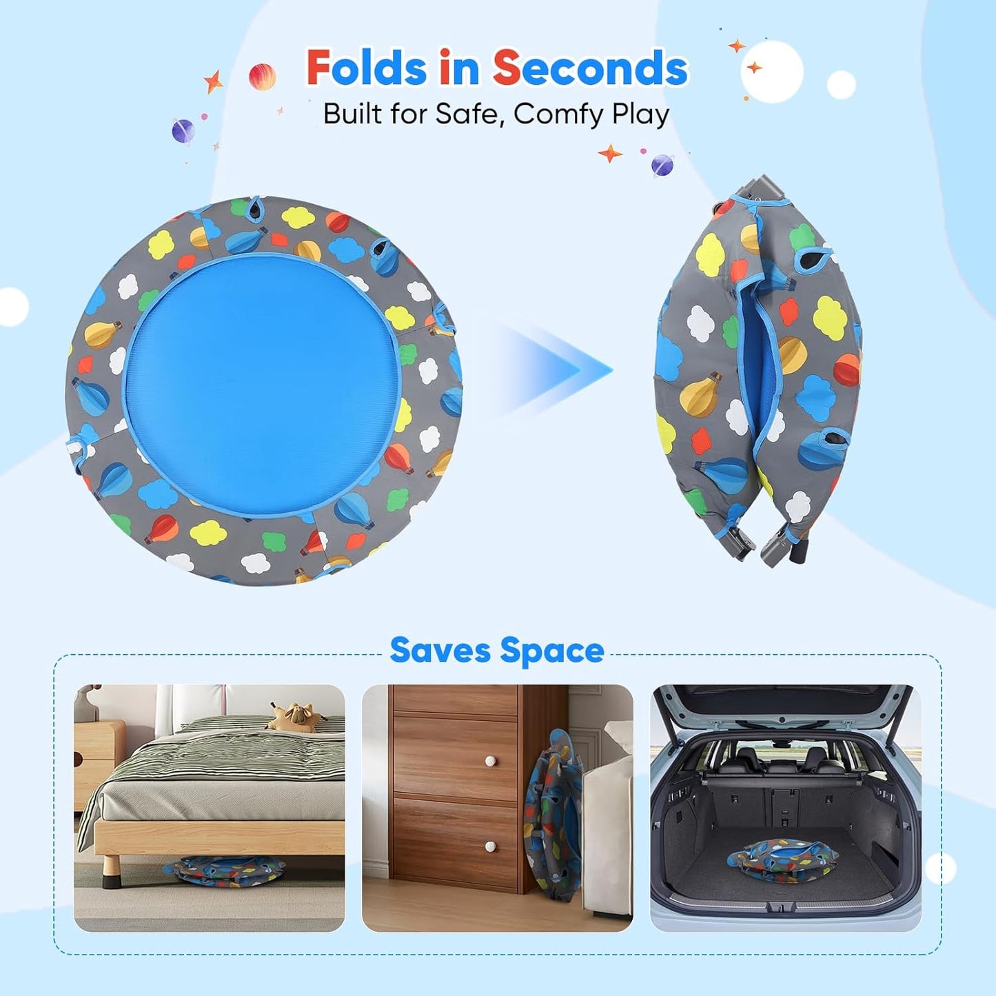 Foldable Fitness Trampoline with 100 Balls Ball Pit, Low Noise Adjustable Safety Cover and Removable Handlebar, Reinforced Oxford Fabric Quiet Exercise Rebounder for Kids Adults, Max Load 150kg