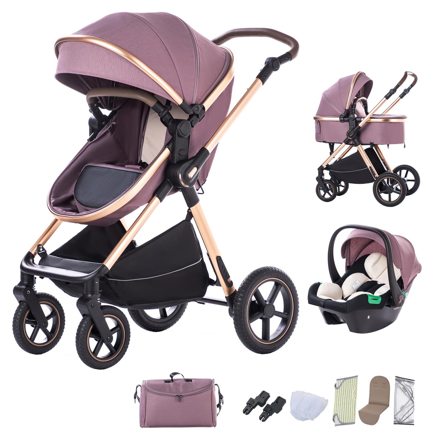 BEBBY Stroller 3-in-1 Baby 3 in 1 with Seat with Foldable Aluminium Frame, Compact Stroller with Adjustable Armrests, Combined Strollers,High Landscape Travel Pushchair (gen-H9-PINK, H9)