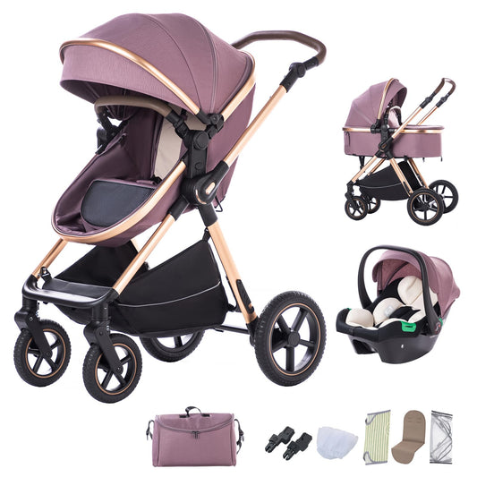BEBBY Stroller 3-in-1 Baby 3 in 1 with Seat with Foldable Aluminium Frame, Compact Stroller with Adjustable Armrests, Combined Strollers,High Landscape Travel Pushchair (gen-H9-PINK, H9)