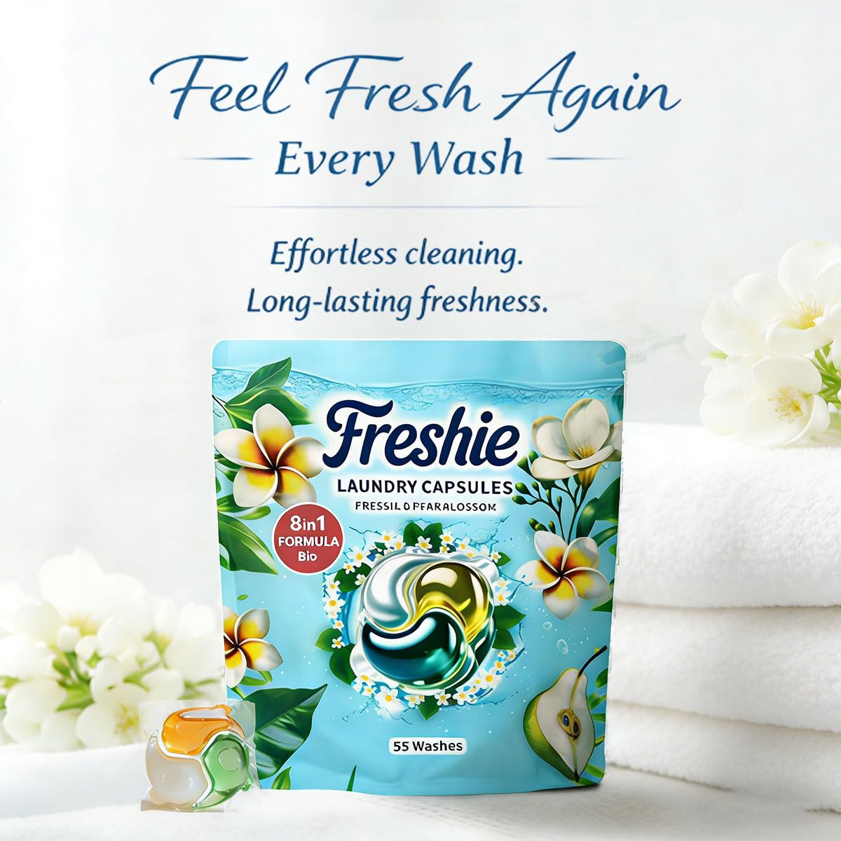 Bio Washing Pods - Laundry Detergent Pods 110 Washes, Fresh Freesia & Pear Blossom Scent - Powerful Stain Removal, Gentle on Skin, Freshness that Lasts and Lasts