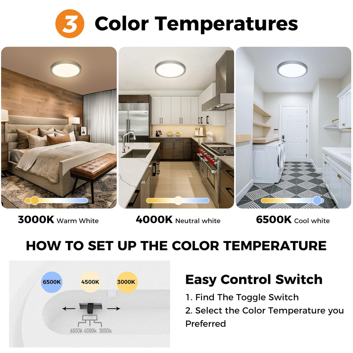 slochi Bathroom Light, 3000K/4000K/6500K 3 Color Temperature, Waterproof, Round, Modern, Flush Ceiling Light for Bathroom, Kitchen, Bedroom, Hallway and MoreØ18CM(Gold)