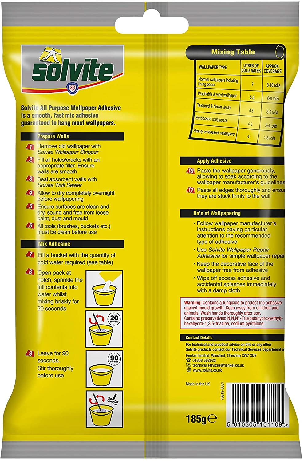 Solvite All-Purpose Wallpaper Adhesive, Reliable Adhesive for Wallpaper, All-Purpose Adhesive with Long-Lasting Results, Wallpaper Paste Hangs up to 10 Rolls (1x185g Sachet)
