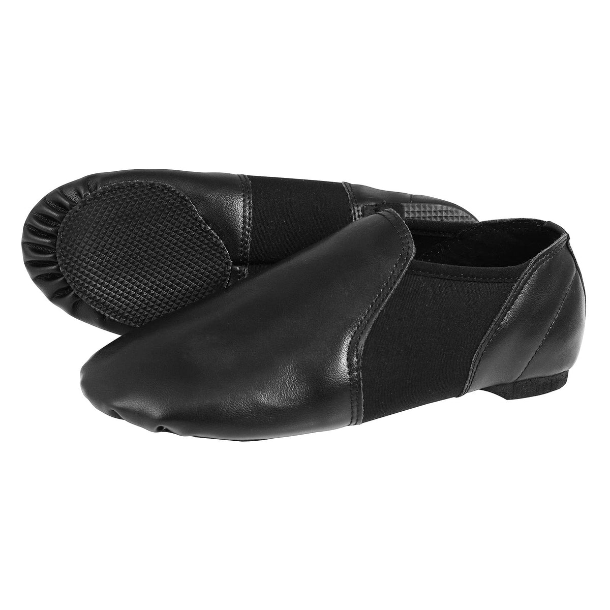Slip On Jazz Dance Shoes - Pure Black Leather - Modern Stage Rubber Heel - Neoprene - Irish Dancing Pumps - Adults & Kids