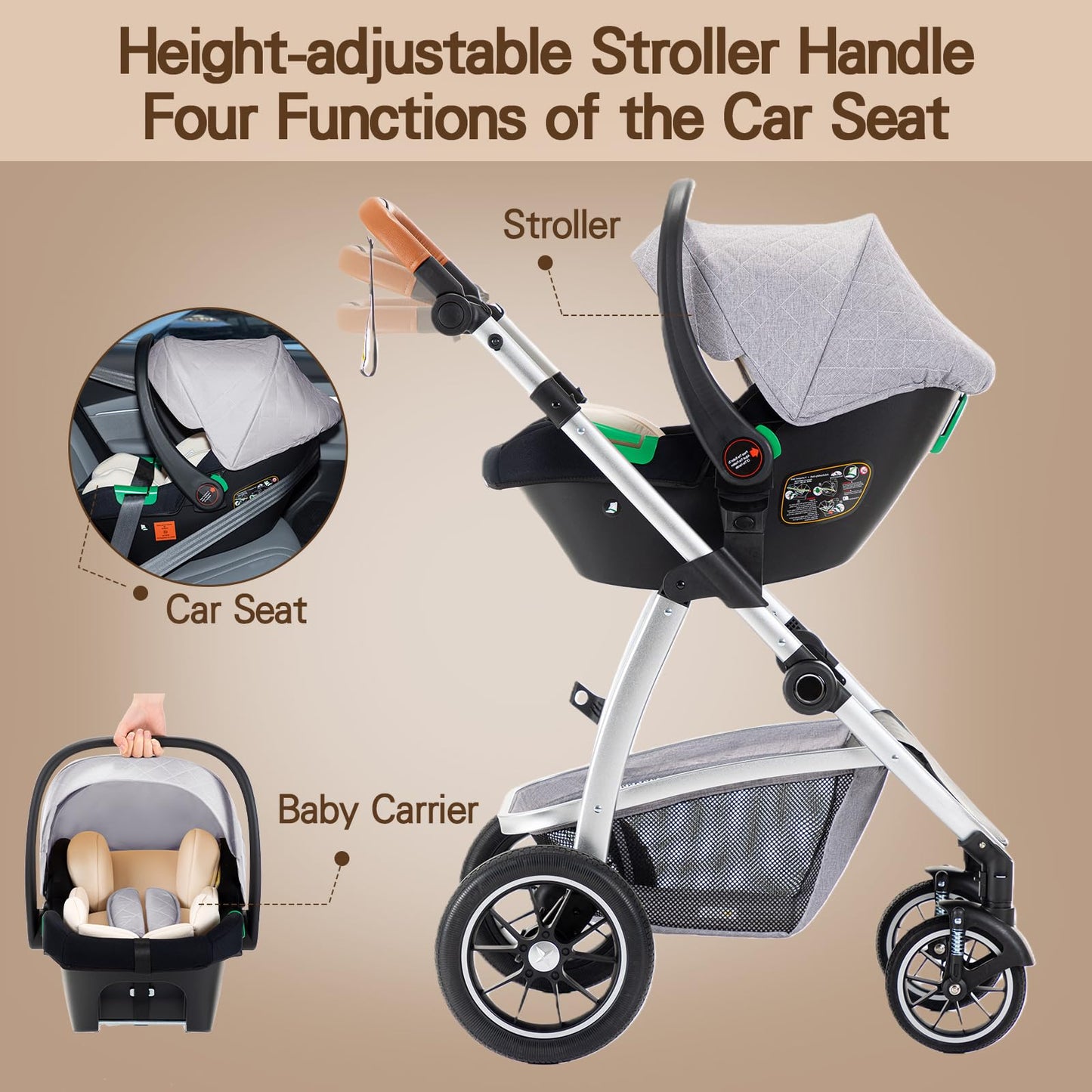 Gcarebb 3 in 1 Prams Travel System, Pushchair with Height Adjustable Handle, Travel Pram with Mosquito Net, Baby Stroller with Aluminum Frame for Newborn 0-4 Years