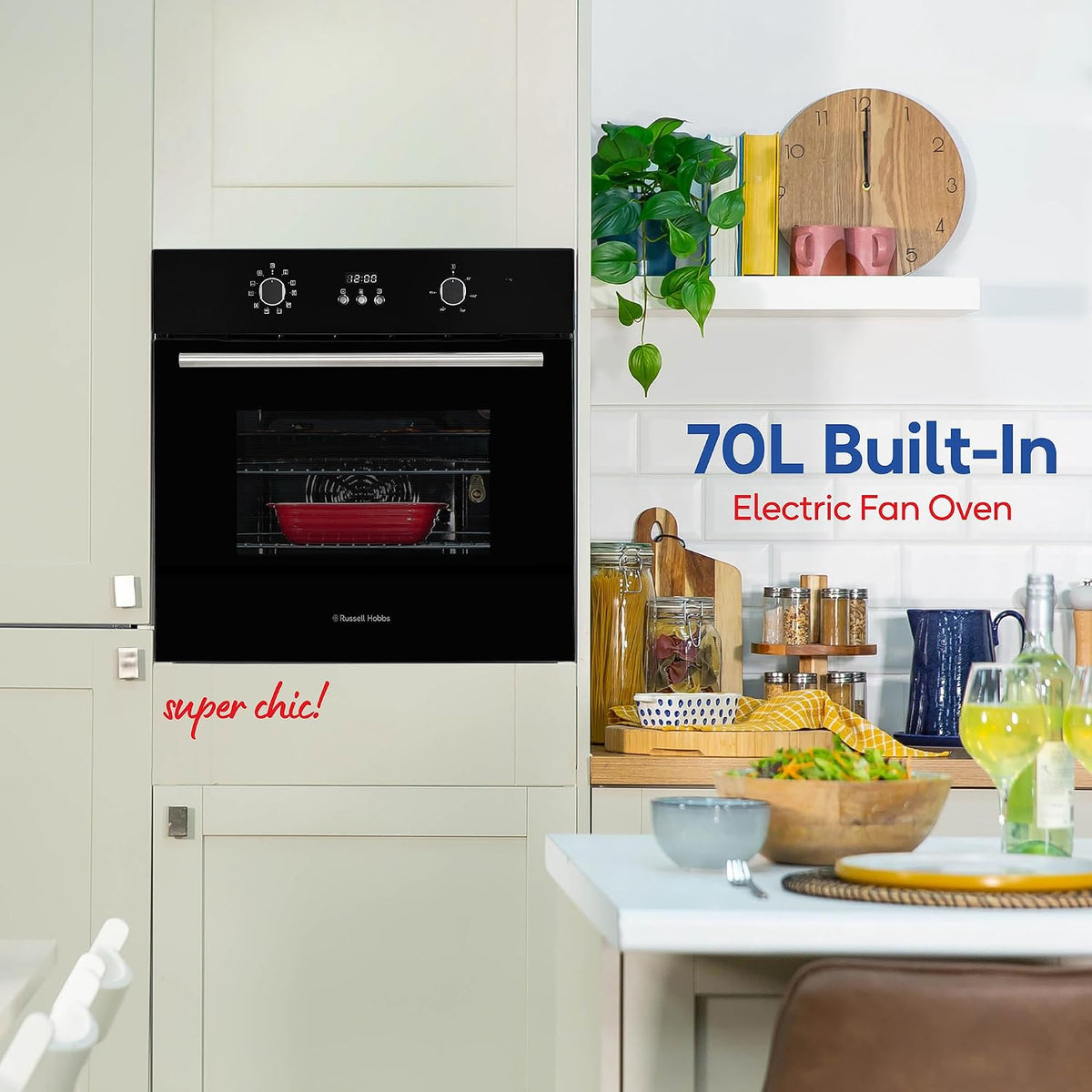 Russell Hobbs Built-in Multifunctional Electric Fan-Assisted Oven 70L in Black with 10 Functions, Double-Glazed Door, A Energy Rating, Grill Function, LED Clock & Timer, Easy-Clean Interior, RHEO7011B