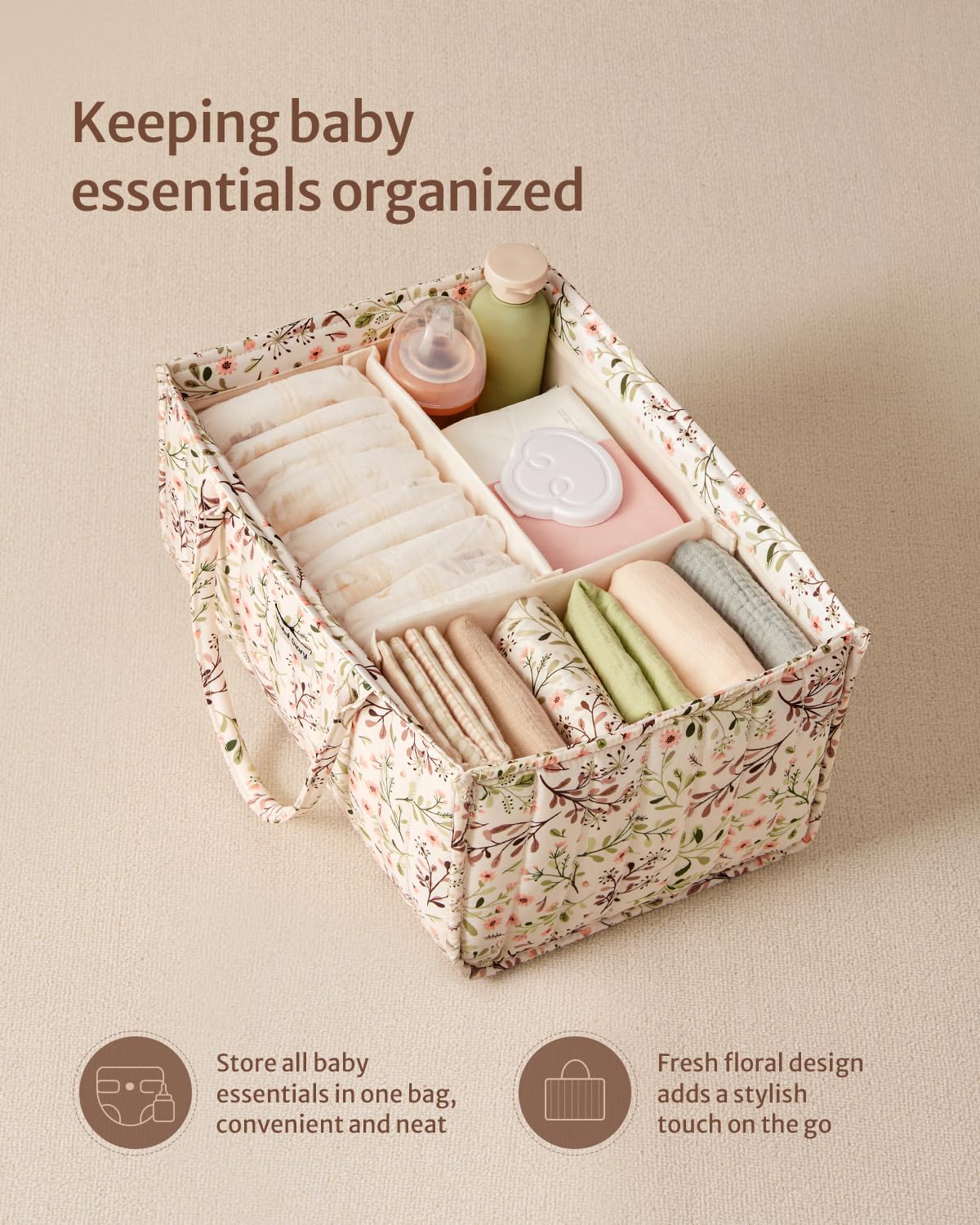Blissful Diary Nappy Caddy Organiser, Baby Diaper Caddy for Nappy Station, Stylish Storage Basket for Newborn Essentials, Baby Shower Gifts for Girl or Boy, Woodland Cream