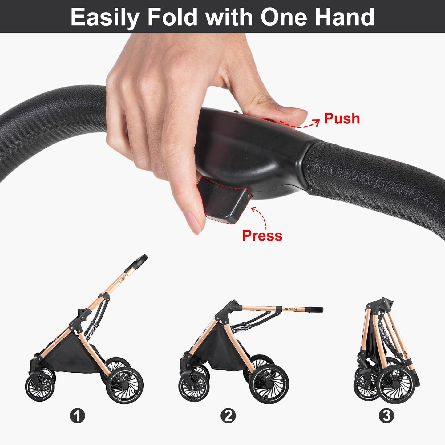 PU Leather 3 in 1 Pushchair Travel System, Toddler Stroller, Baby Pram 3 in 1, Infant Carriage with One-Click Folding, Newborn Buggy with Aluminum Frame (V6 Black)